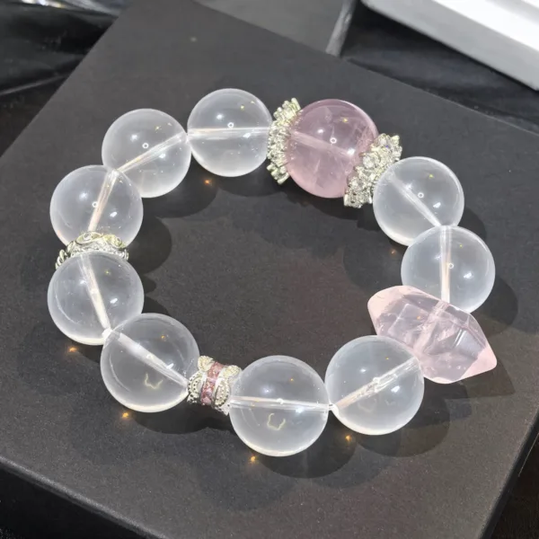 【Attract Love Luck】Original Natural White Crystal Bracelet Vintage Mine Rose Quartz Bracelet Women's Large Bead Pink Crystal