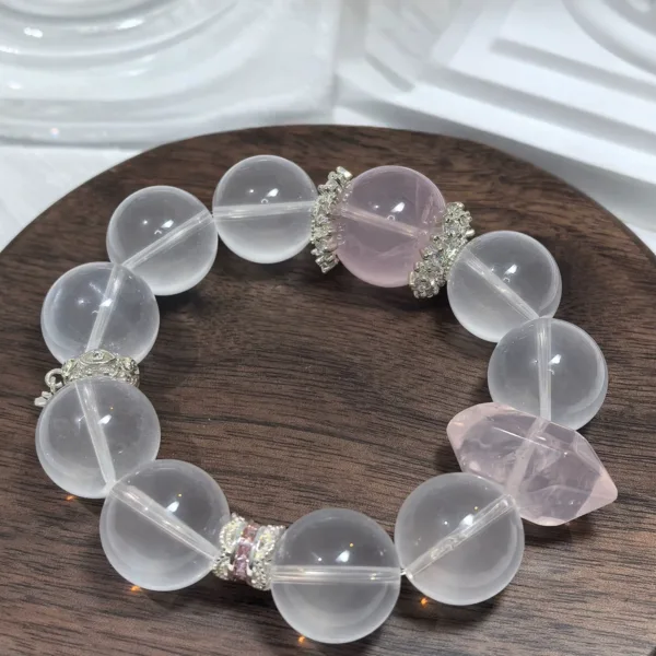 【Attract Love Luck】Original Natural White Crystal Bracelet Vintage Mine Rose Quartz Bracelet Women's Large Bead Pink Crystal